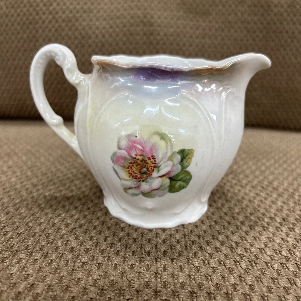 Vintage Lusterware Pink Rose Creamer‎ Porcelain Marked Bavaria White Blue Green